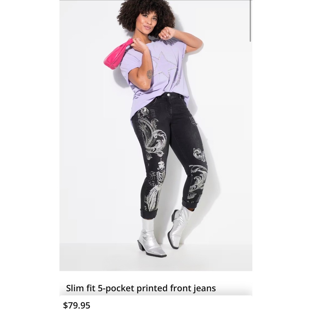 NWT Angel of Style Ulla Popken Black Graphic Print Slim Fit Jeans Size 24‎ FUN